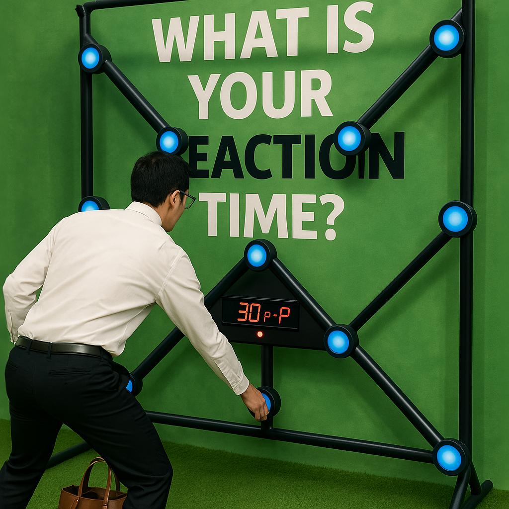 Woman playing Batak reaction game at a fitness event in Dubai, touching illuminated buttons to test her speed and reflexes. "Speedy Speedy" displayed on wall.